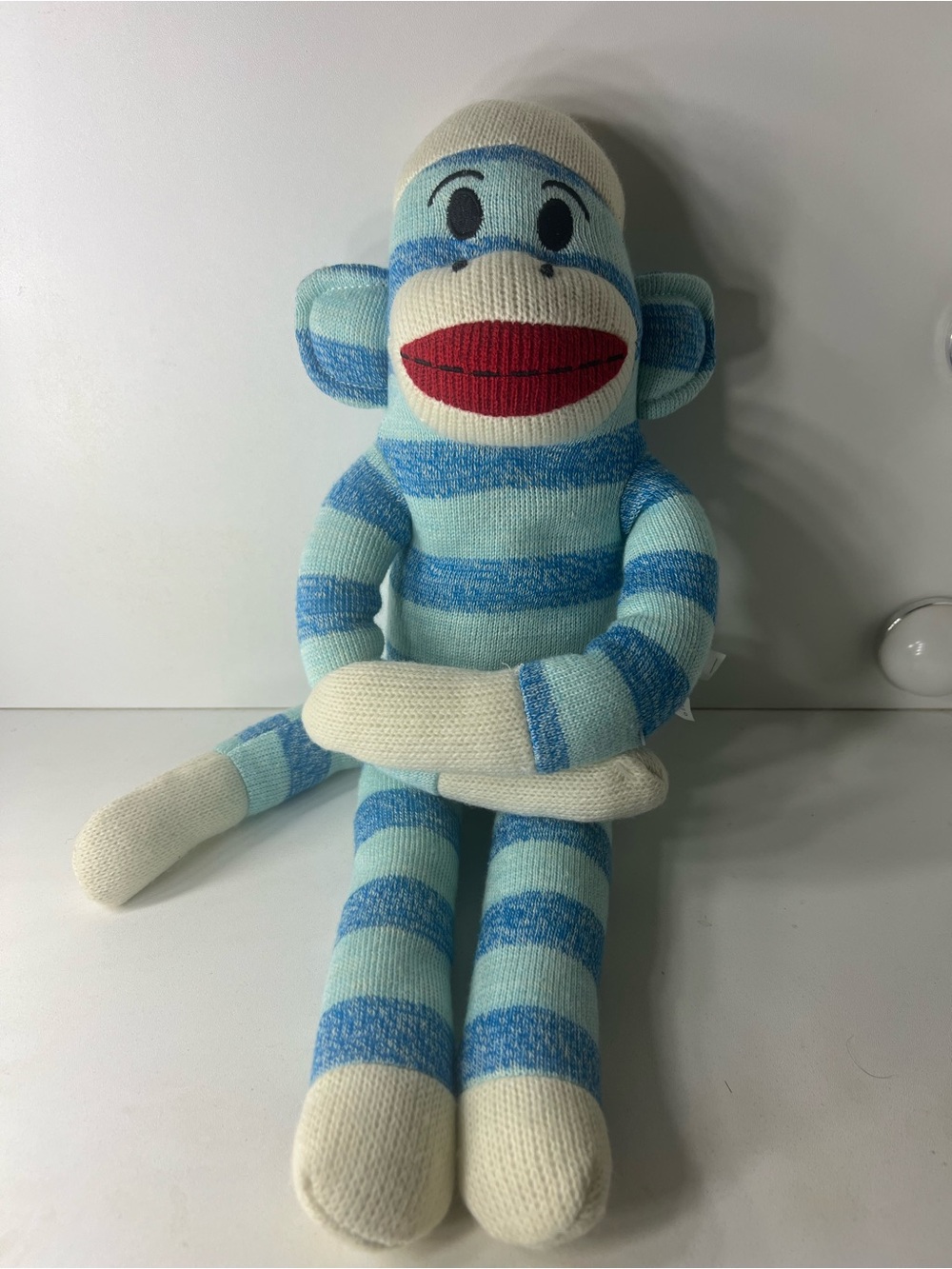 Striped Light Blue Sock Monkey Plush Toy - Soft Knit Companion